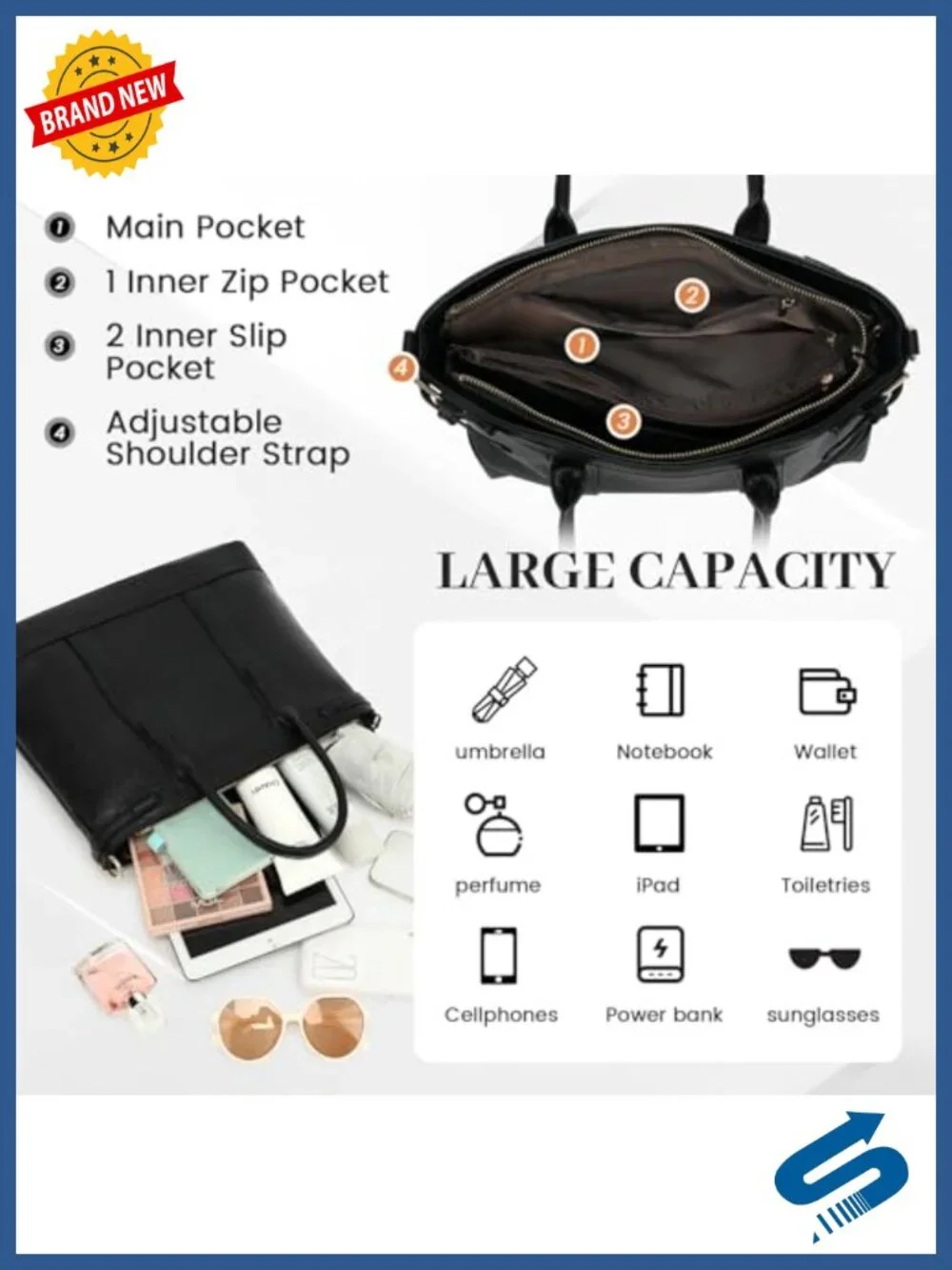 Vegan Leather Tote Handbag with Zipper Pockets Adjustable Strap for Work Travel